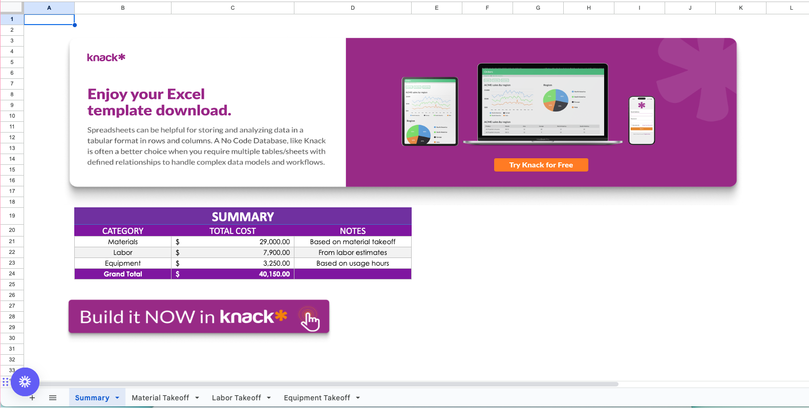 construction takeoff spreadsheet